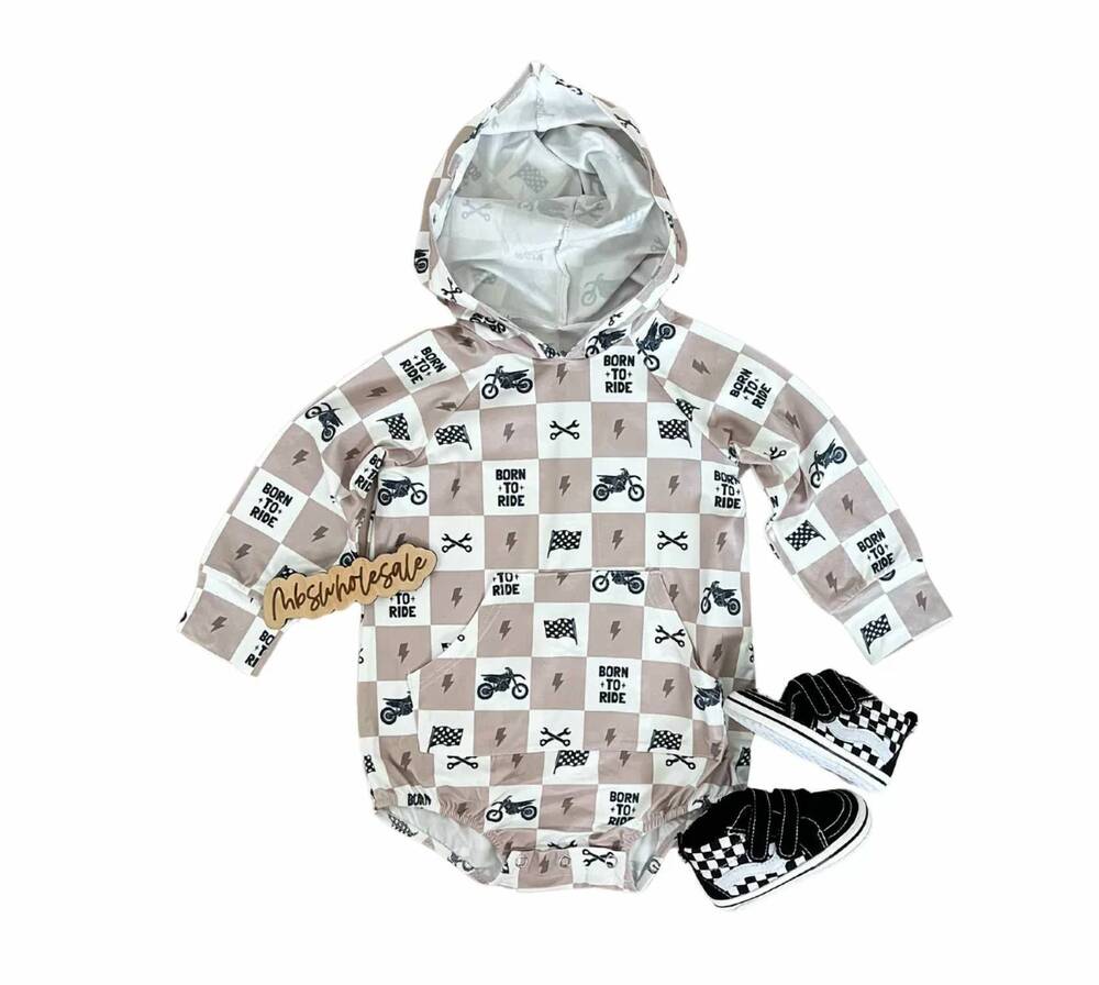 NEW MBS WHOLESALE boy's hooded bubble romper in motorcycle punk